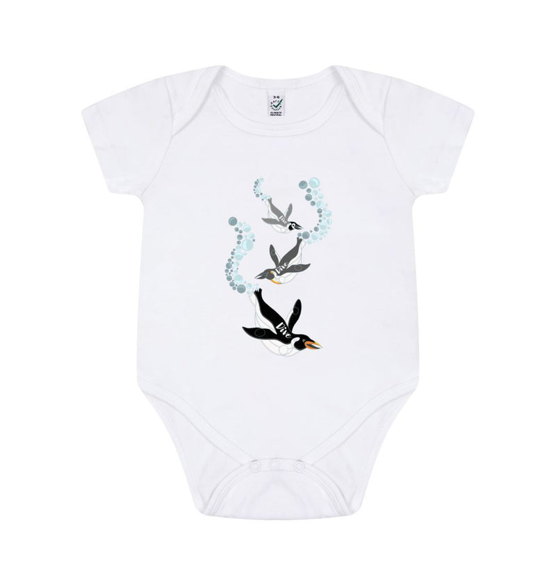 White Dive Dive Dive Penguin Baby Organic Cotton Romper